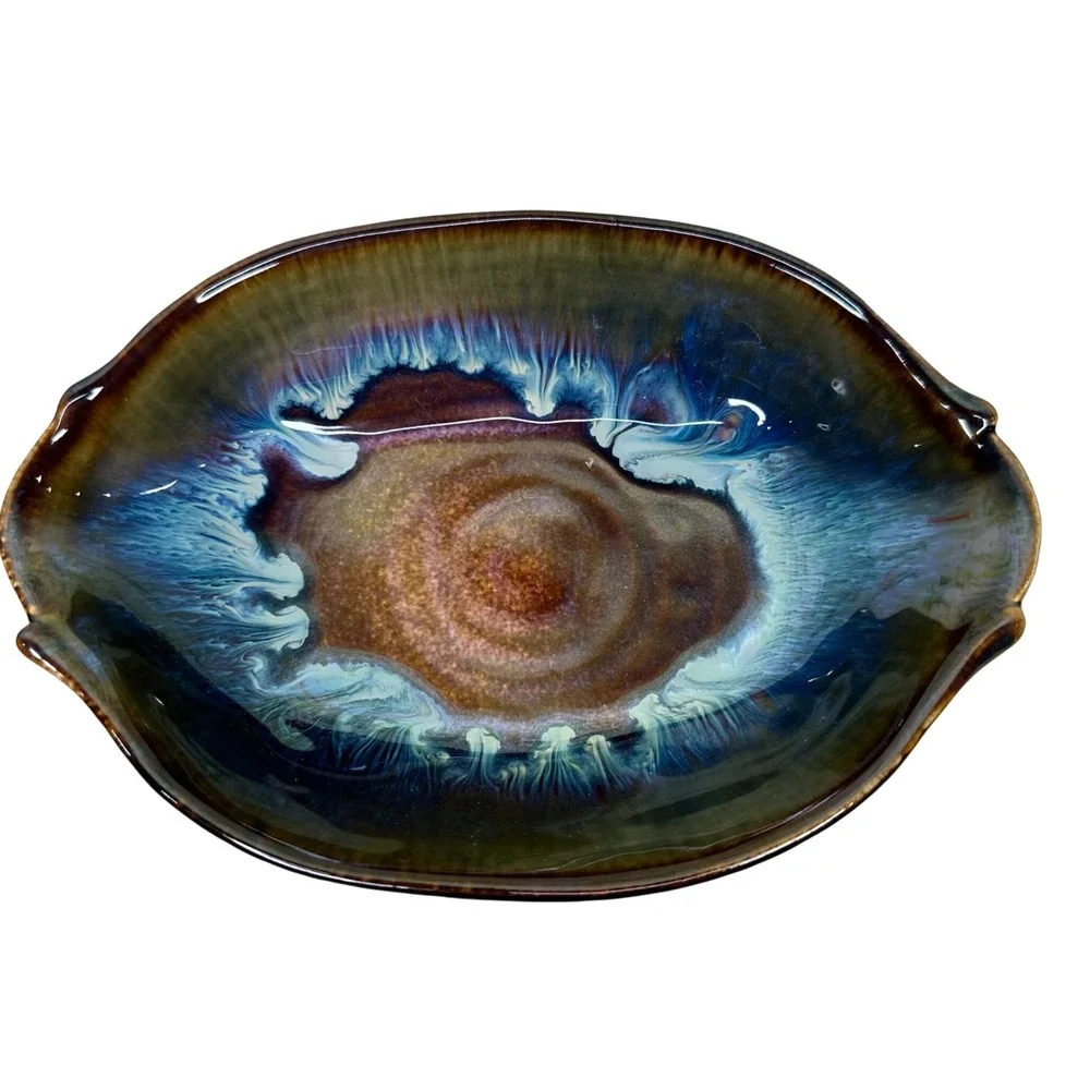 Bill Campbell Pottery Galaxy Glaze Oval Bowl Signed Studio Art Ceramic Blue
